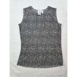 Tess Womens Small Black White Micro Leopard‎ Print Plisse Sleeveless Shell Top